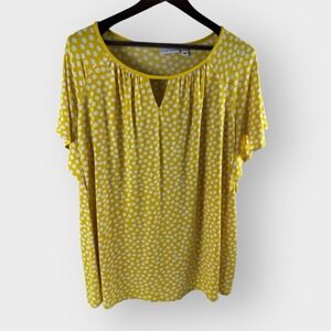 Susan Graver Liquid Knit Popover Top Flutter Sleeve Yellow Dot Keyhole Blouse 3x